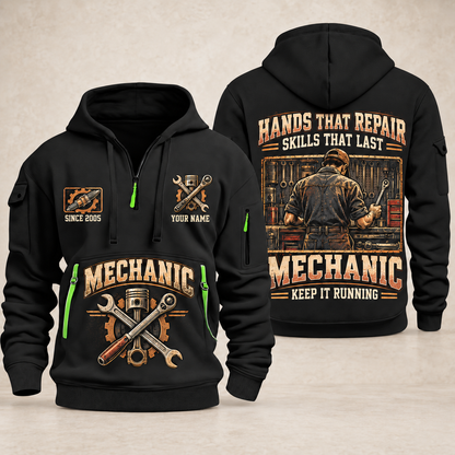 Mechanic Hands That Repair quarter-zip hoodie in Black, front and back, YOUR NAME and SINCE 2005 artwork