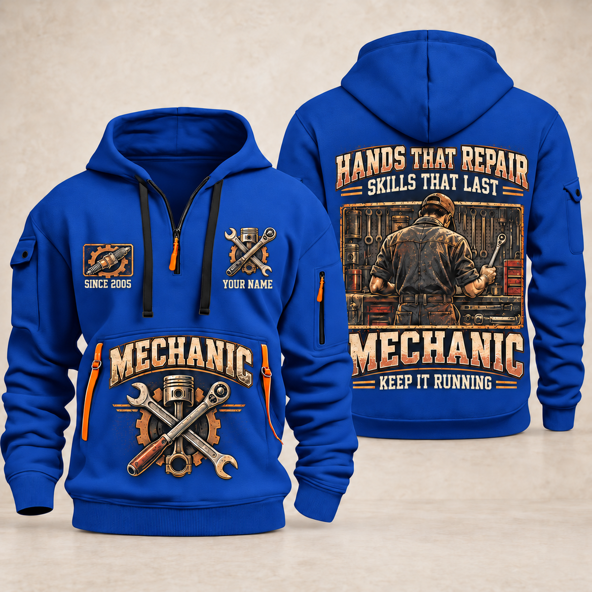 Mechanic Hands That Repair quarter-zip hoodie in Blue, front and back, YOUR NAME and SINCE 2005 artwork