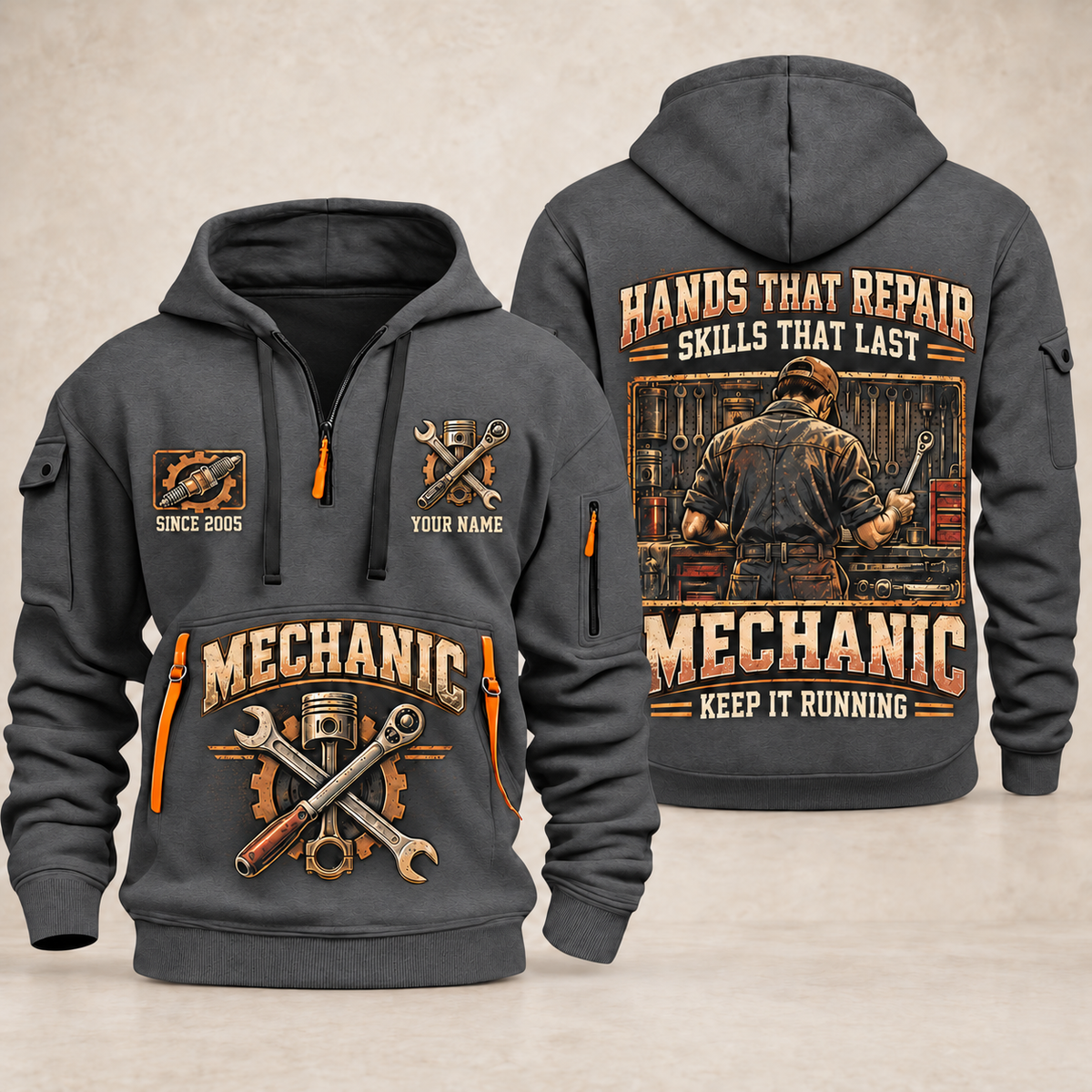 Mechanic Hands That Repair quarter-zip hoodie in Gray, front and back, YOUR NAME and SINCE 2005 artwork