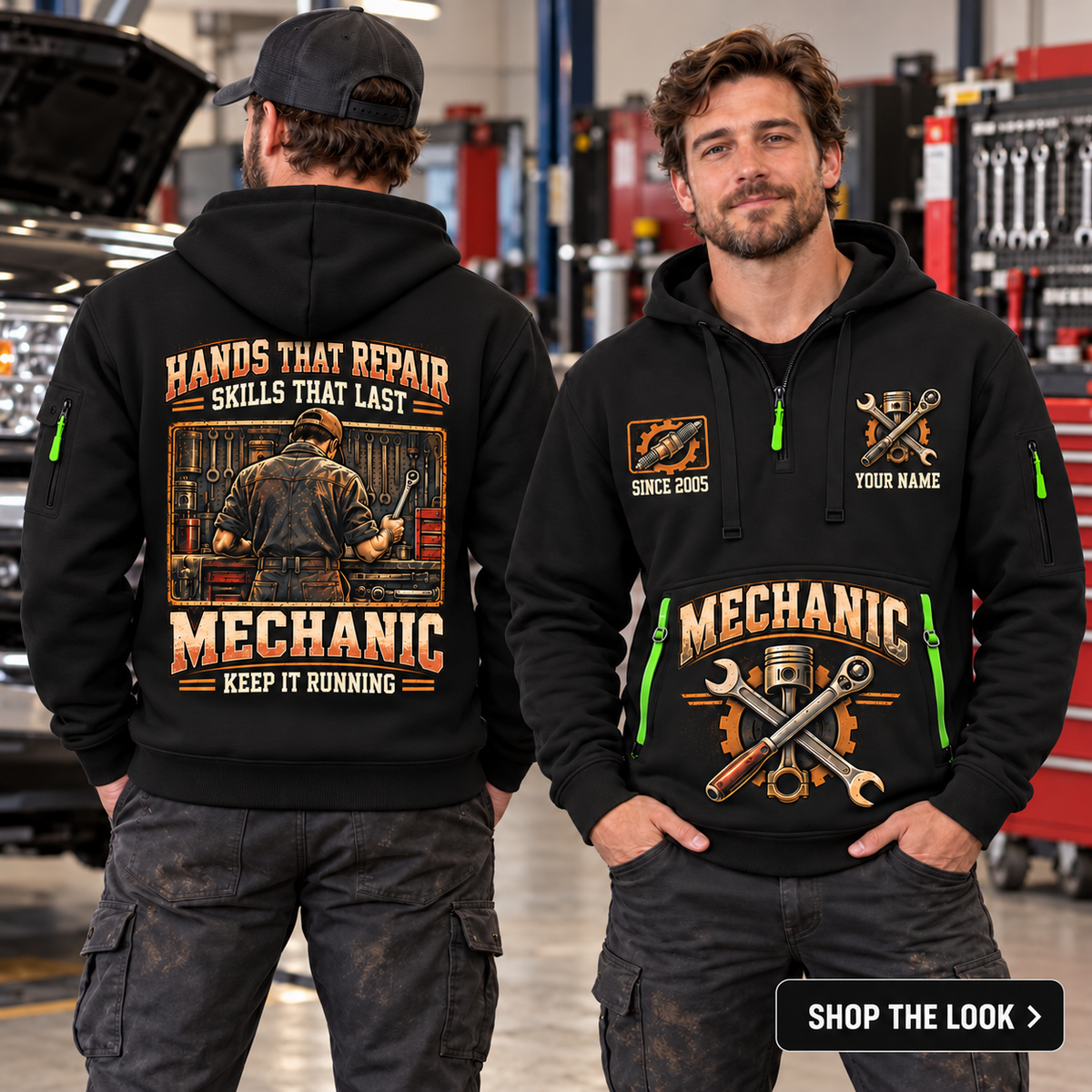 Mechanic wearing Hands That Repair quarter-zip hoodie in their workplace; product introduction and shopping call to action