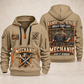 Mechanic Hands That Repair quarter-zip hoodie in Khaki, front and back, YOUR NAME and SINCE 2005 artwork