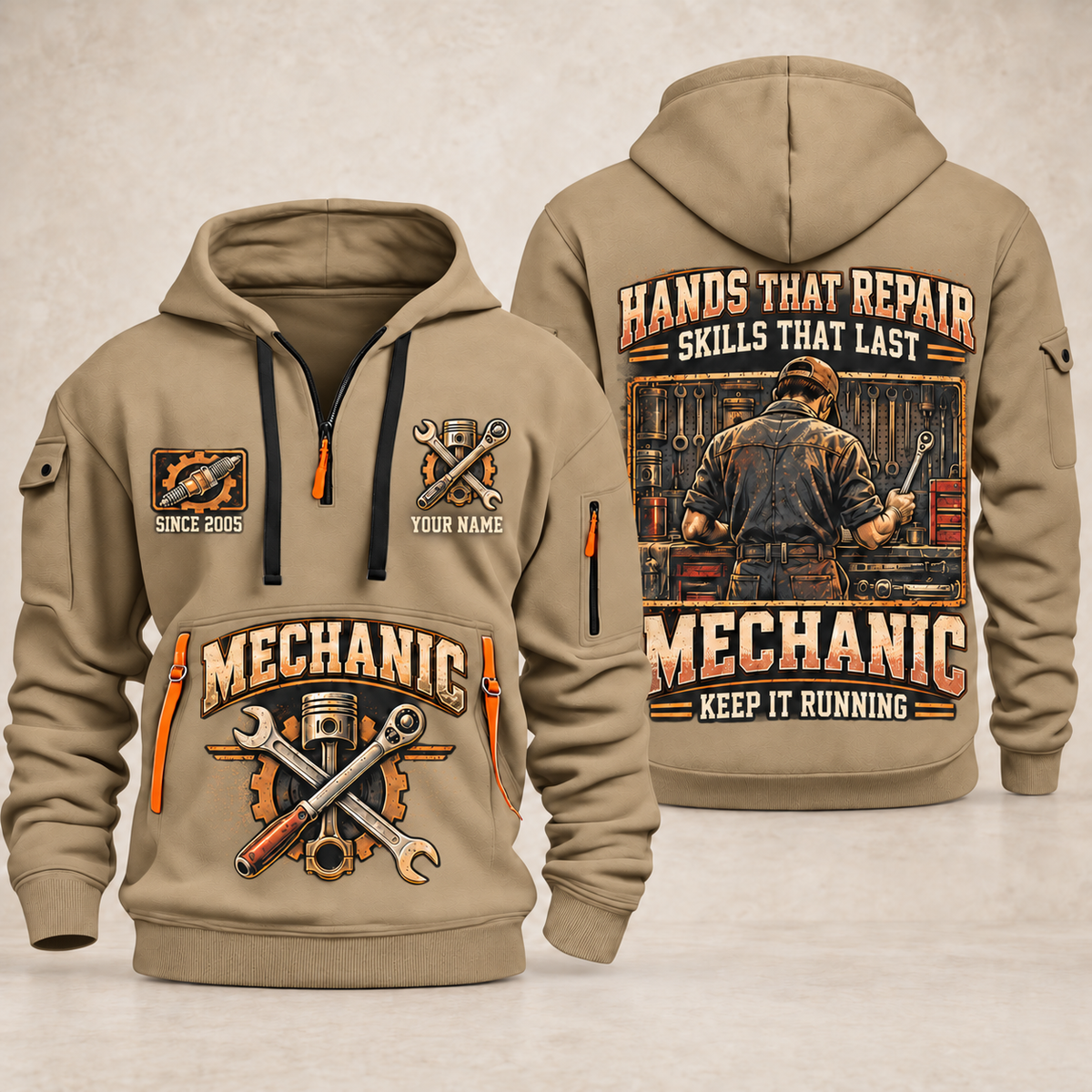 Mechanic Hands That Repair quarter-zip hoodie in Khaki, front and back, YOUR NAME and SINCE 2005 artwork