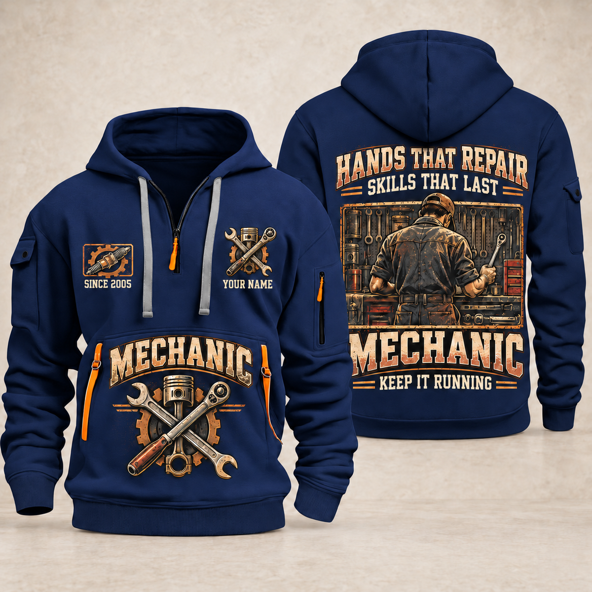 Mechanic Hands That Repair quarter-zip hoodie in Navy, front and back, YOUR NAME and SINCE 2005 artwork