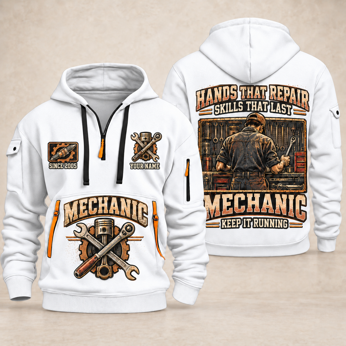 Mechanic Hands That Repair quarter-zip hoodie in White, front and back, YOUR NAME and SINCE 2005 artwork