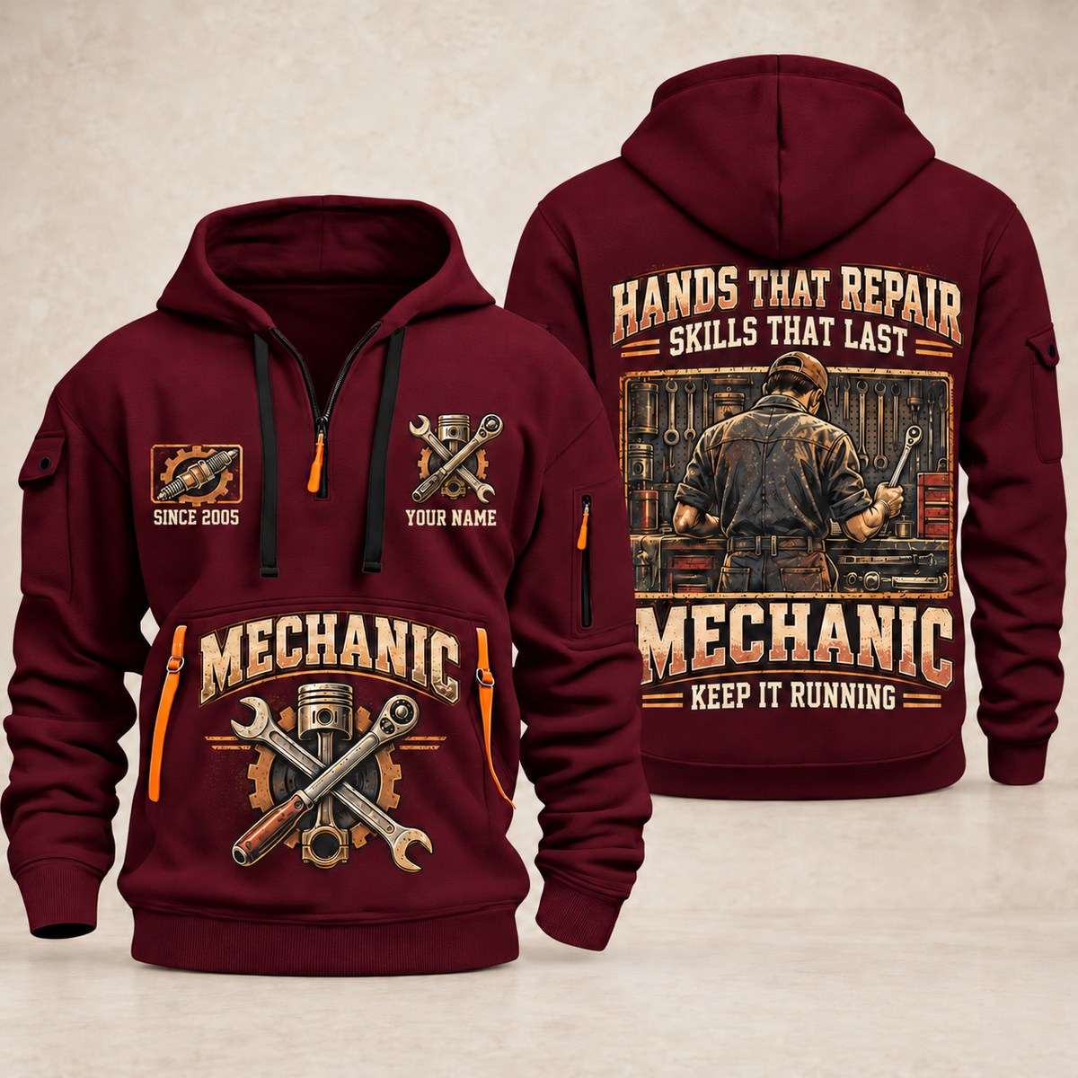 Mechanic Hands That Repair quarter-zip hoodie in Wine Red, front and back, YOUR NAME and SINCE 2005 artwork