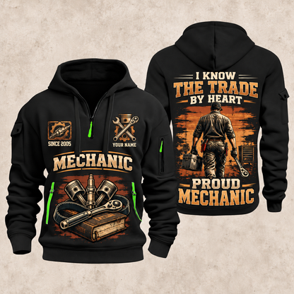 Mechanic Walk The Workshop quarter-zip hoodie in Black, front and back, YOUR NAME and SINCE 2005 artwork