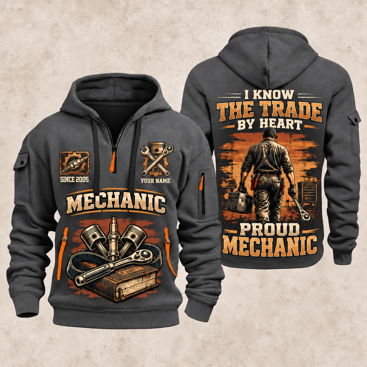 Mechanic Walk The Workshop quarter-zip hoodie in Gray, front and back, YOUR NAME and SINCE 2005 artwork