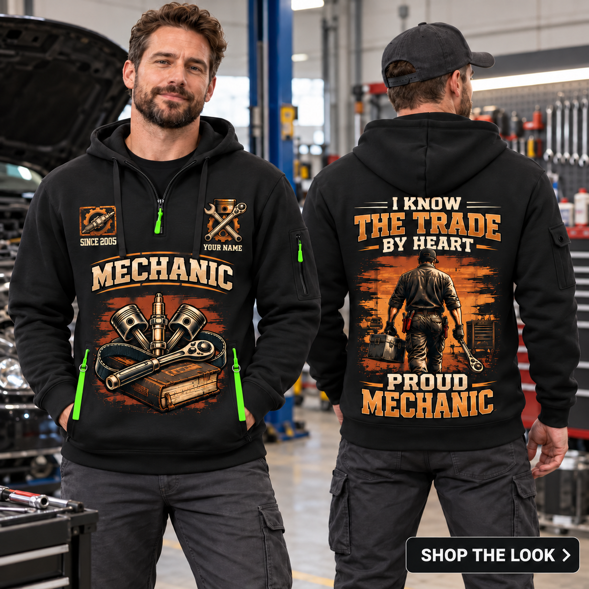 Mechanic wearing Walk The Workshop quarter-zip hoodie in their workplace; product introduction and shopping call to action
