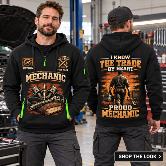 Mechanic wearing Walk The Workshop quarter-zip hoodie in their workplace; product introduction and shopping call to action