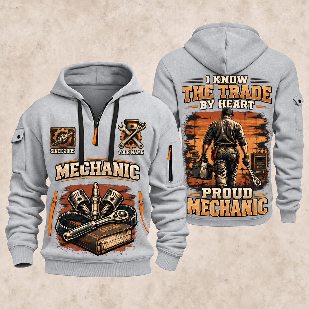Mechanic Walk The Workshop quarter-zip hoodie in Light Grey, front and back, YOUR NAME and SINCE 2005 artwork