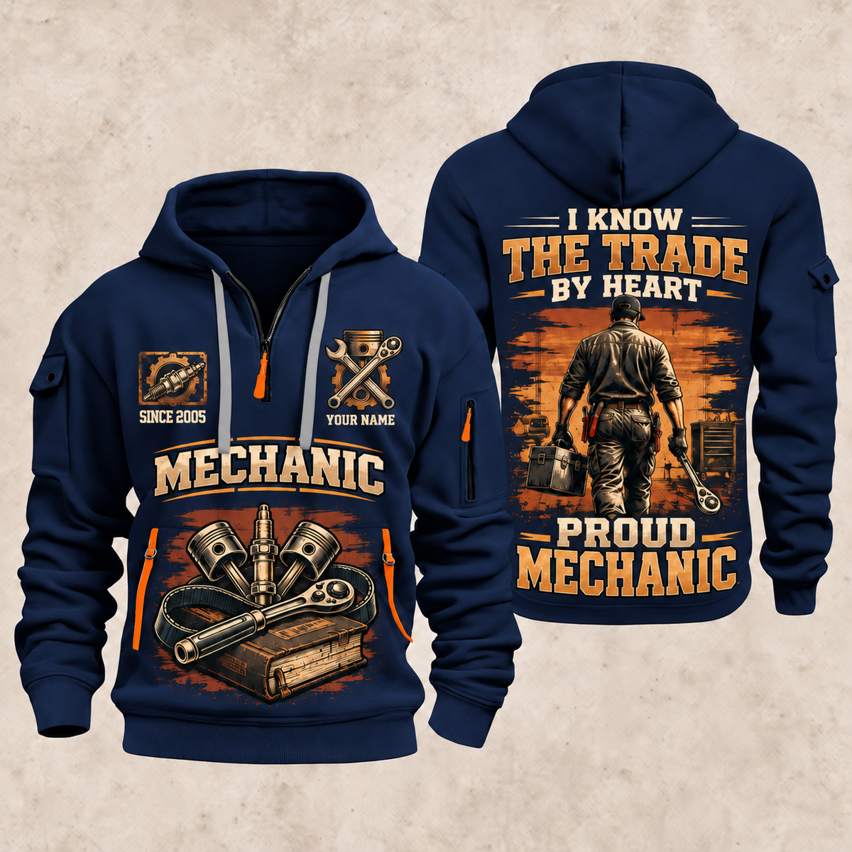 Mechanic Walk The Workshop quarter-zip hoodie in Navy, front and back, YOUR NAME and SINCE 2005 artwork