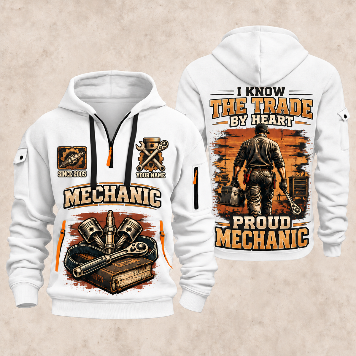 Mechanic Walk The Workshop quarter-zip hoodie in White, front and back, YOUR NAME and SINCE 2005 artwork