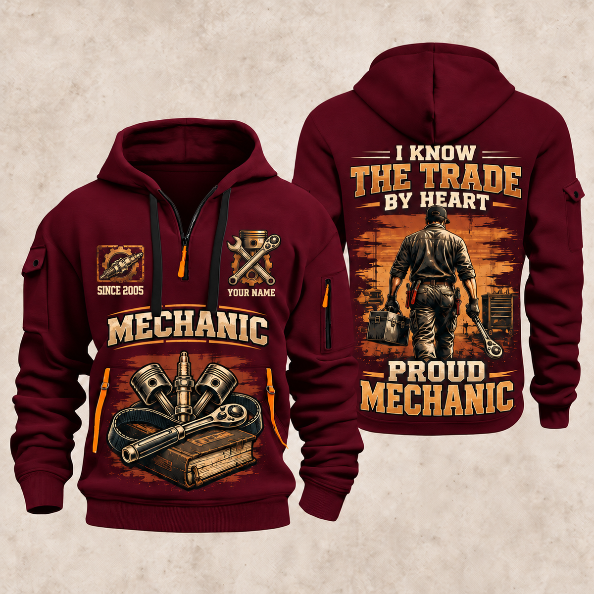 Mechanic Walk The Workshop quarter-zip hoodie in Wine Red, front and back, YOUR NAME and SINCE 2005 artwork