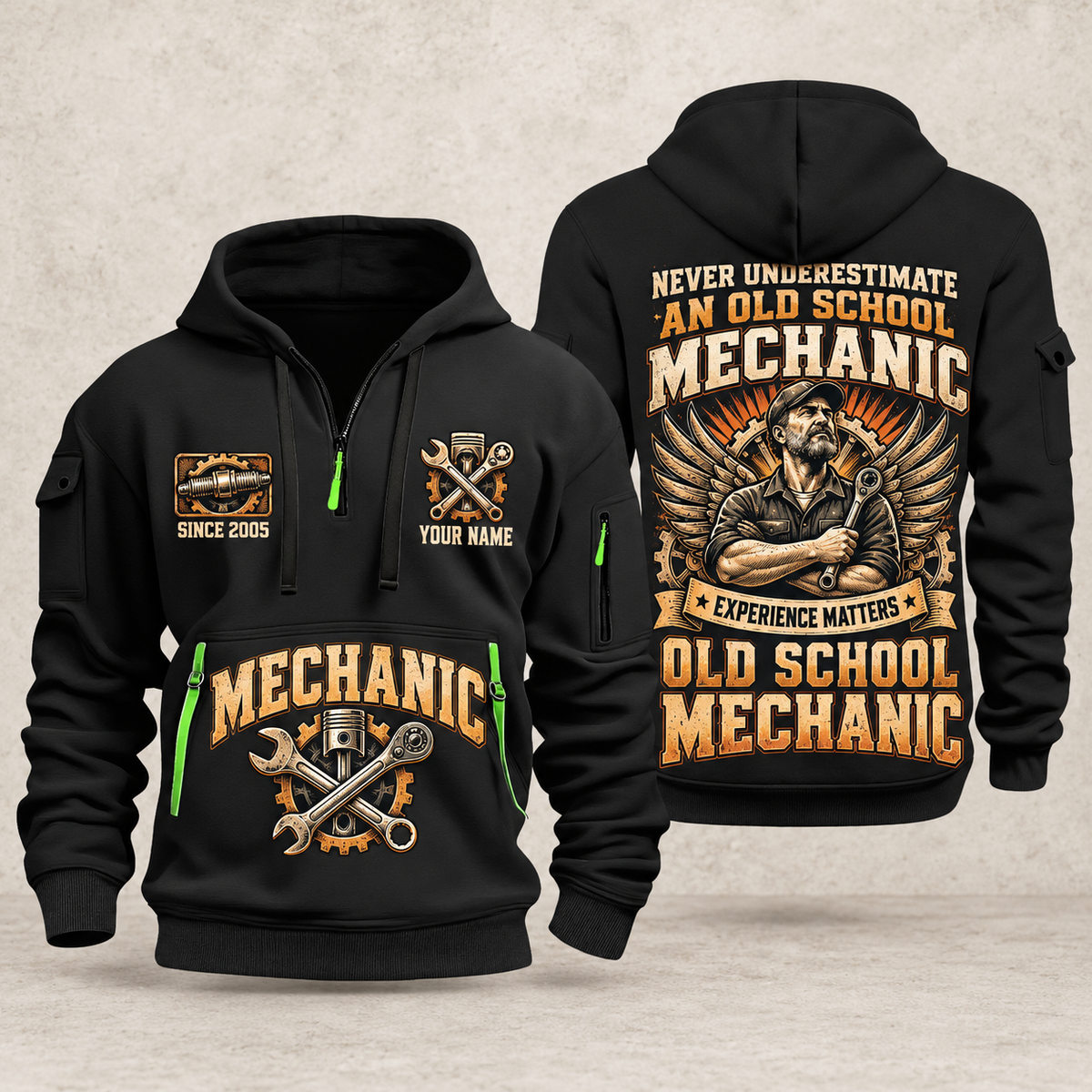Mechanic Old School Mechanic quarter-zip hoodie in Black, front and back, YOUR NAME and SINCE 2005 artwork