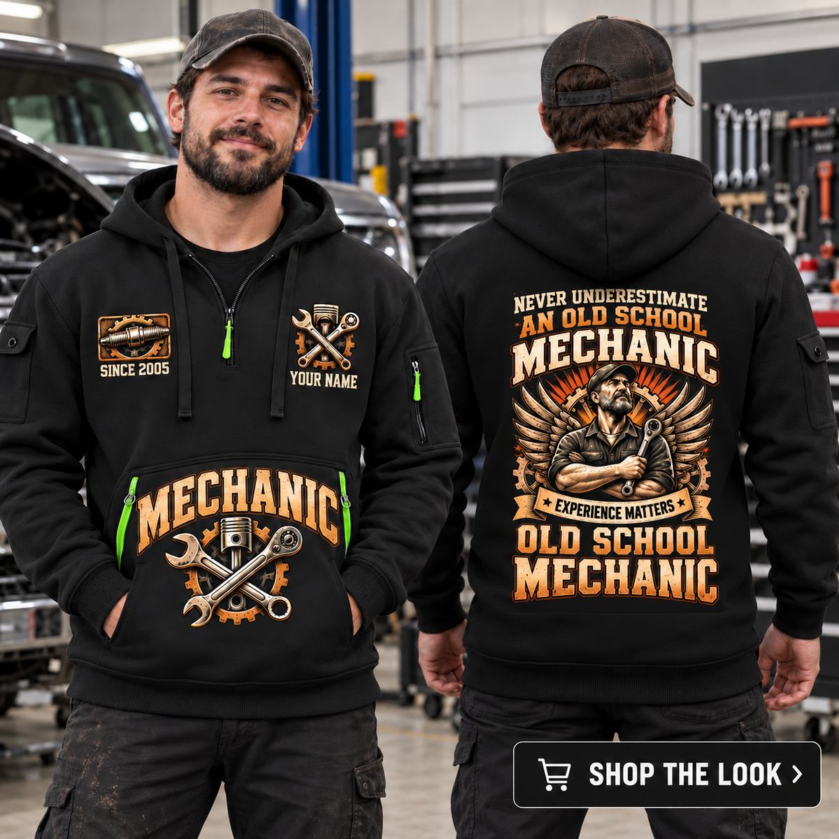 Mechanic wearing Old School Mechanic quarter-zip hoodie in their workplace; product introduction and shopping call to action