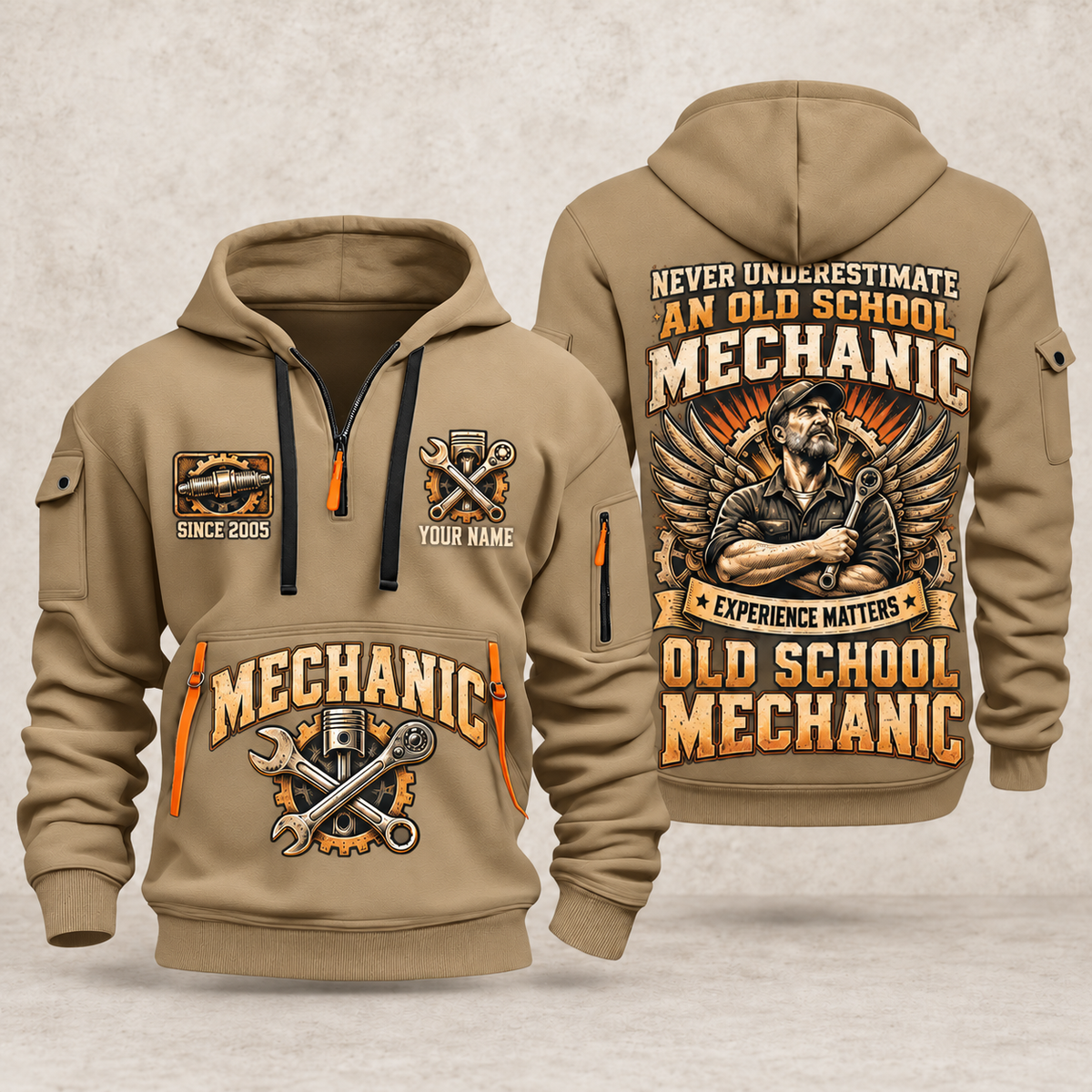 Mechanic Old School Mechanic quarter-zip hoodie in Khaki, front and back, YOUR NAME and SINCE 2005 artwork