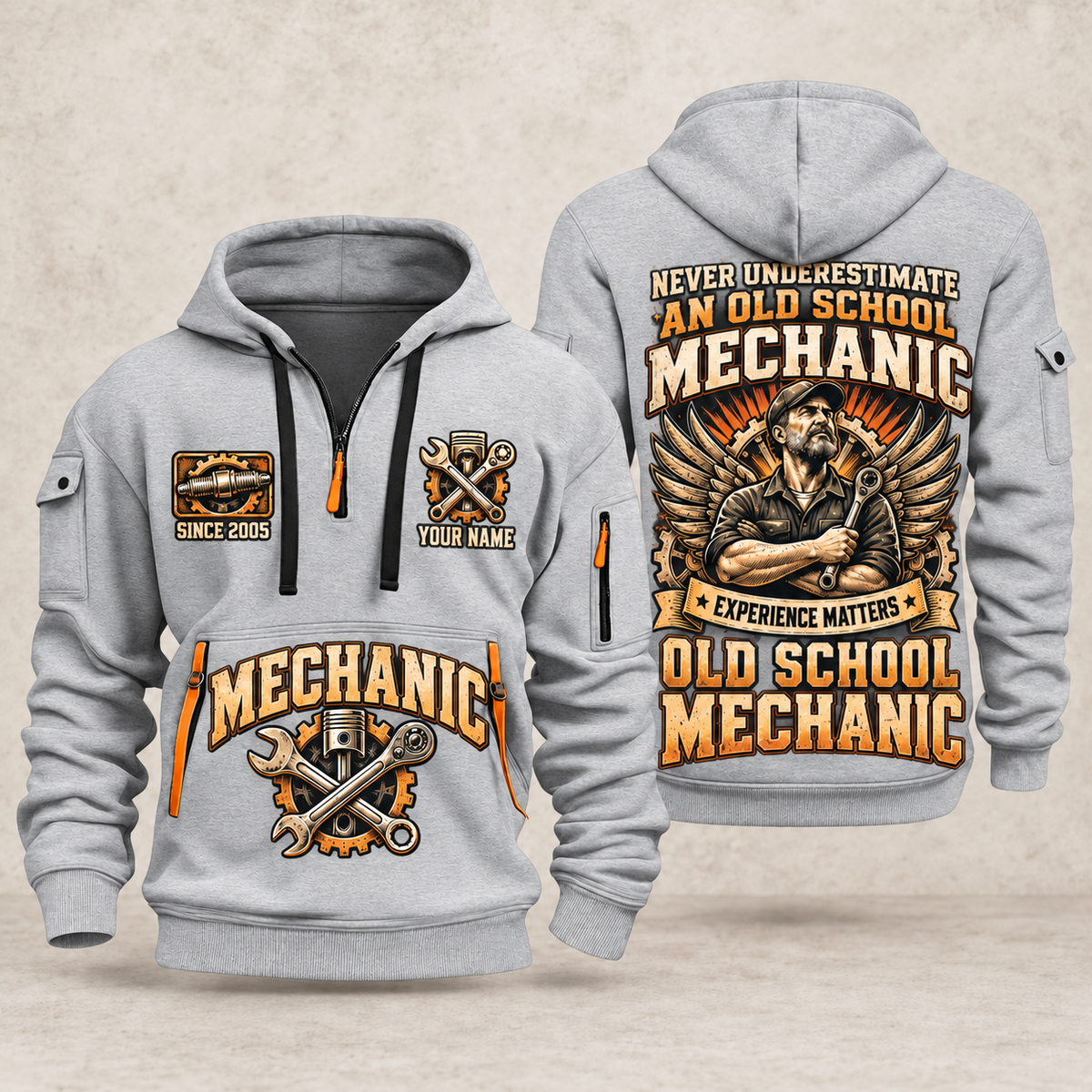 Mechanic Old School Mechanic quarter-zip hoodie in Light Grey, front and back, YOUR NAME and SINCE 2005 artwork