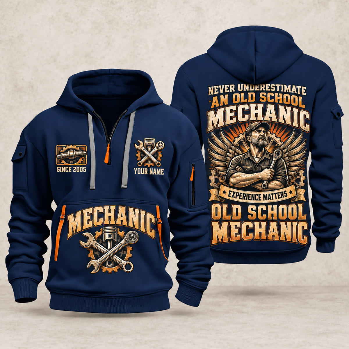 Mechanic Old School Mechanic quarter-zip hoodie in Navy, front and back, YOUR NAME and SINCE 2005 artwork