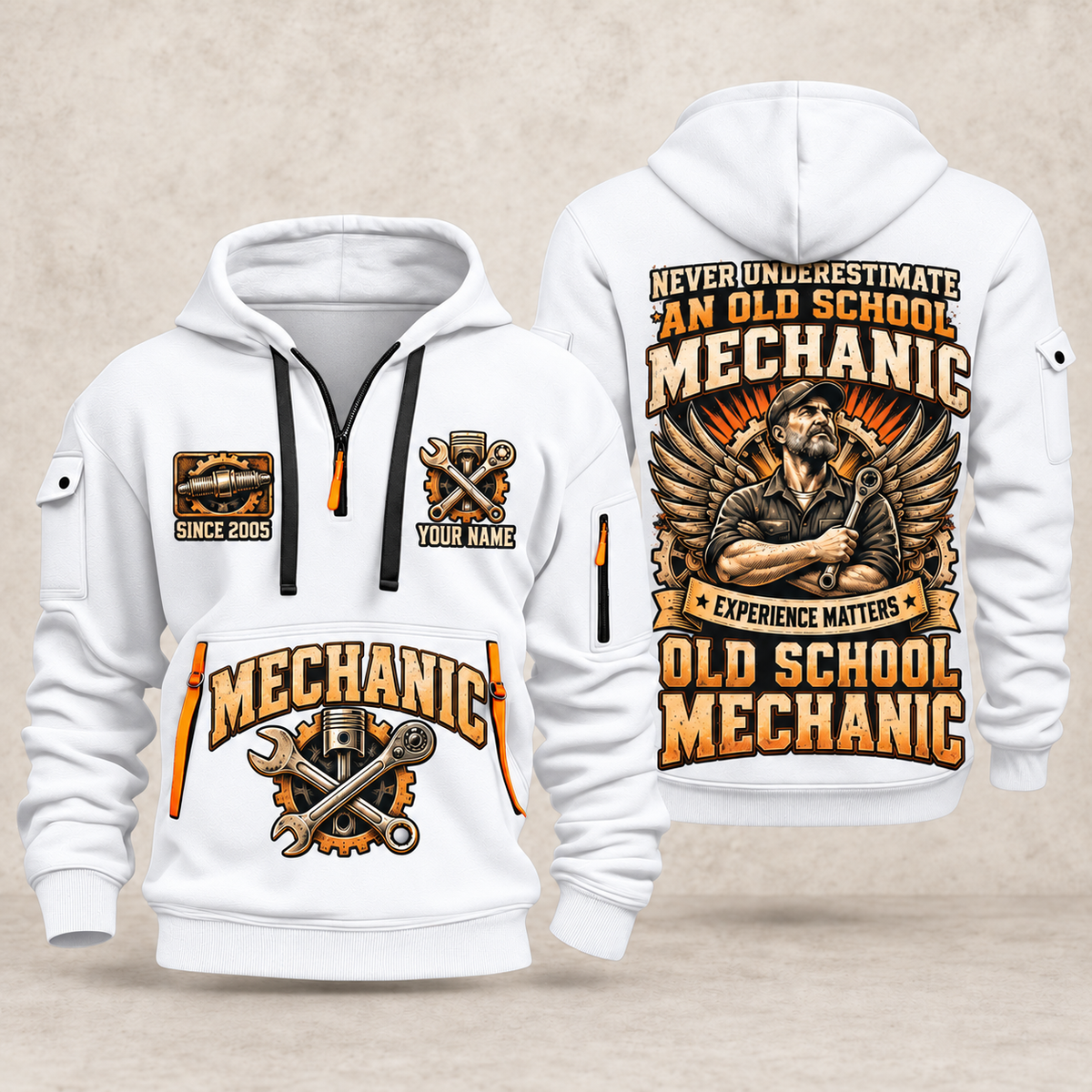 Mechanic Old School Mechanic quarter-zip hoodie in White, front and back, YOUR NAME and SINCE 2005 artwork