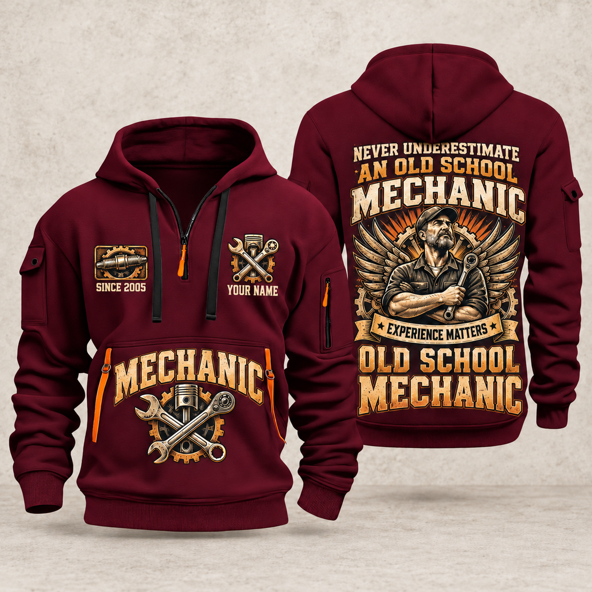 Mechanic Old School Mechanic quarter-zip hoodie in Wine Red, front and back, YOUR NAME and SINCE 2005 artwork