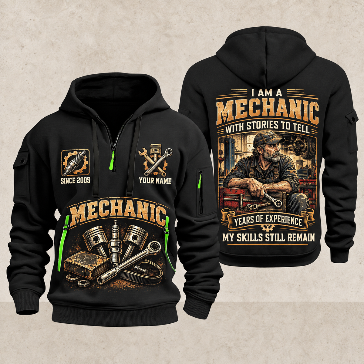 Mechanic Experience Stays quarter-zip hoodie in Black, front and back, YOUR NAME and SINCE 2005 artwork
