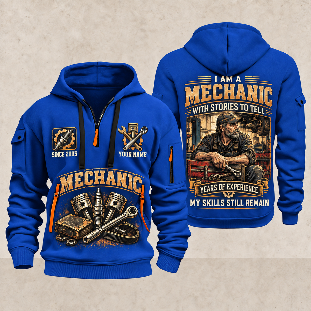 Mechanic Experience Stays quarter-zip hoodie in Blue, front and back, YOUR NAME and SINCE 2005 artwork