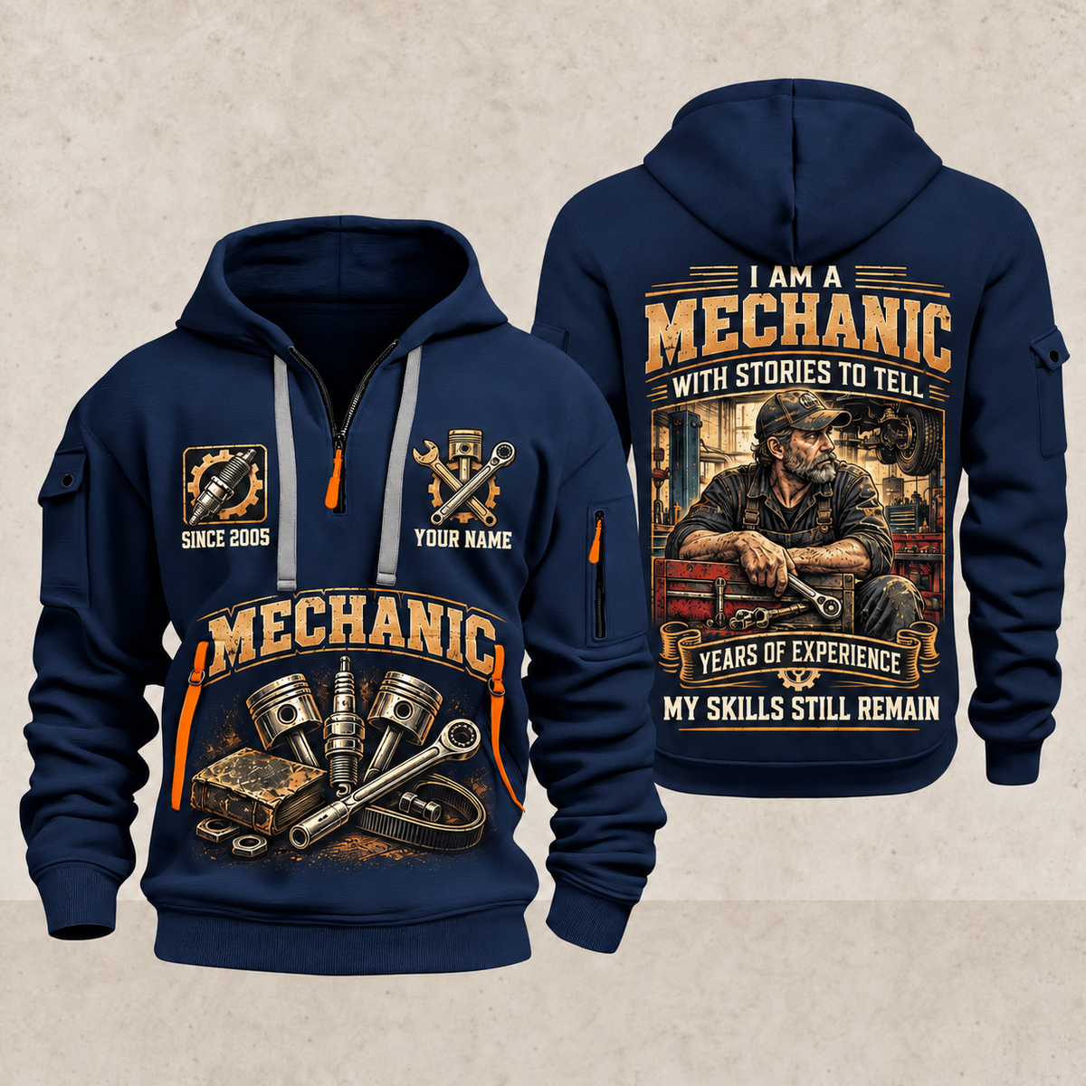 Mechanic Experience Stays quarter-zip hoodie in Navy, front and back, YOUR NAME and SINCE 2005 artwork