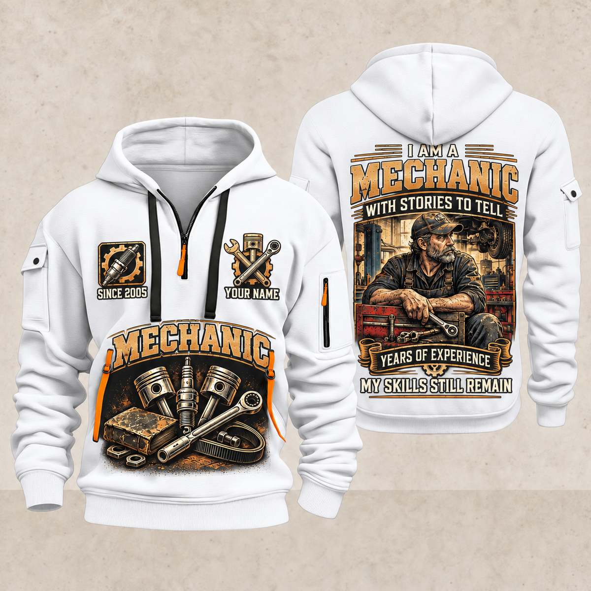 Mechanic Experience Stays quarter-zip hoodie in White, front and back, YOUR NAME and SINCE 2005 artwork