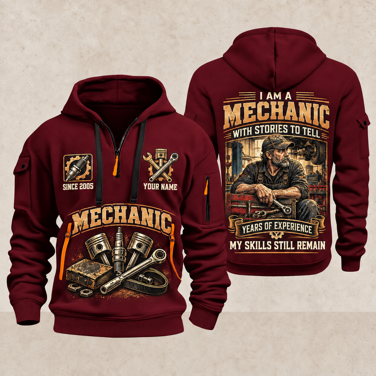 Mechanic Experience Stays quarter-zip hoodie in Wine Red, front and back, YOUR NAME and SINCE 2005 artwork