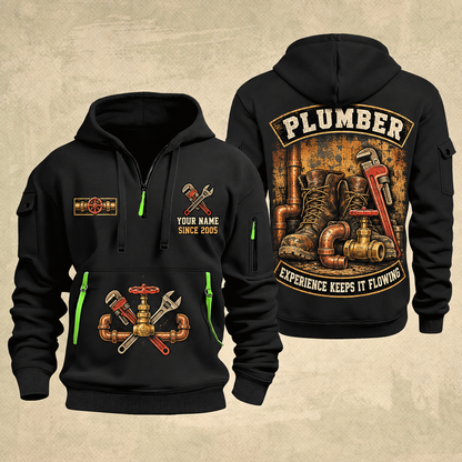 Plumber Flow Heritage quarter-zip hoodie in Black, front and back, YOUR NAME and SINCE 2005 artwork