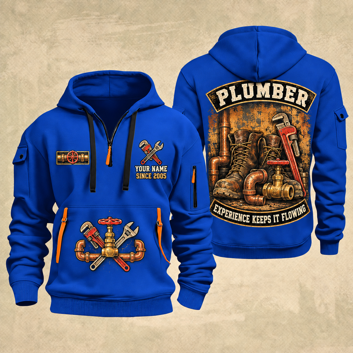 Plumber Flow Heritage quarter-zip hoodie in Blue, front and back, YOUR NAME and SINCE 2005 artwork