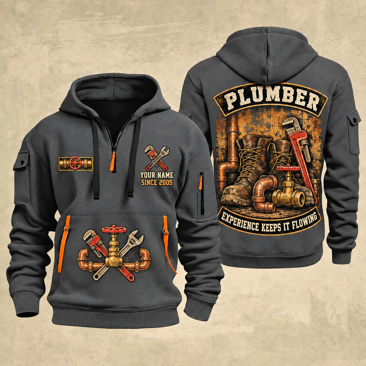 Plumber Flow Heritage quarter-zip hoodie in Gray, front and back, YOUR NAME and SINCE 2005 artwork