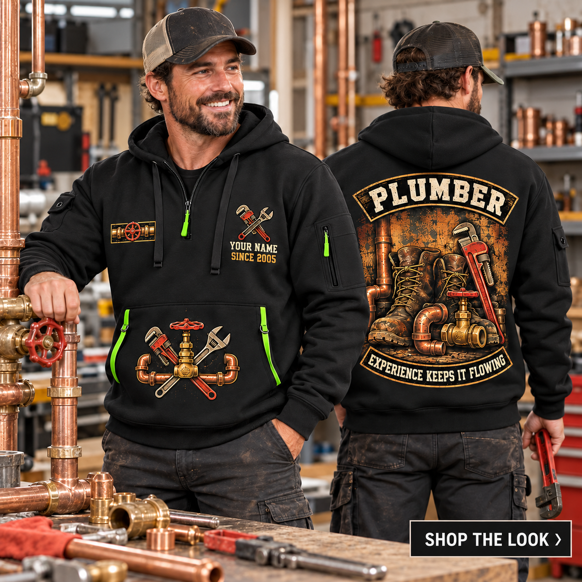 Plumber wearing Flow Heritage quarter-zip hoodie in their workplace; product introduction and shopping call to action