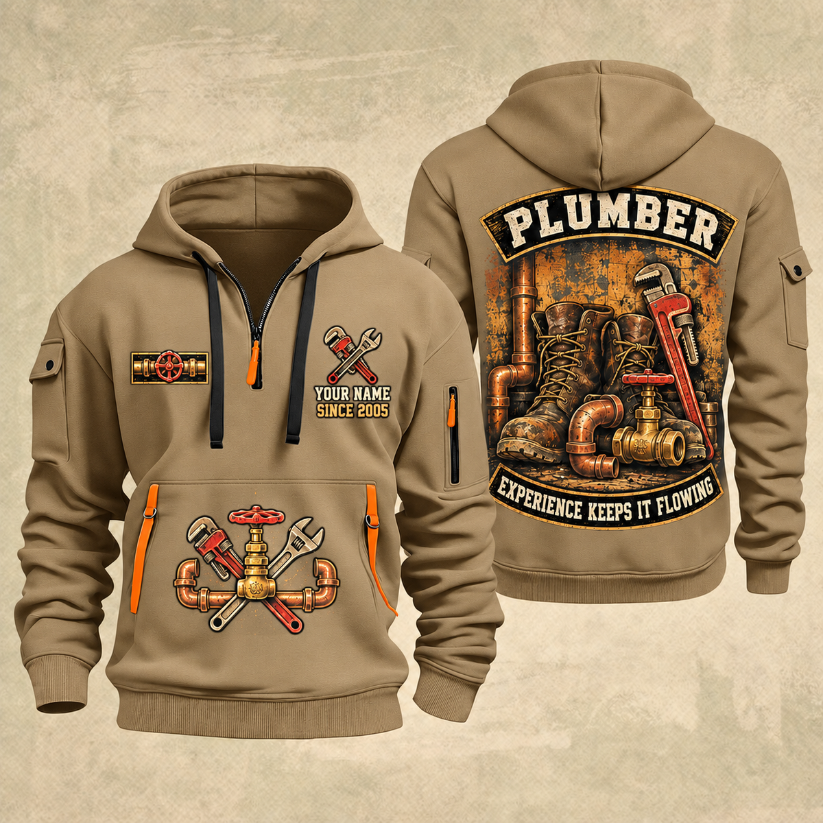 Plumber Flow Heritage quarter-zip hoodie in Khaki, front and back, YOUR NAME and SINCE 2005 artwork
