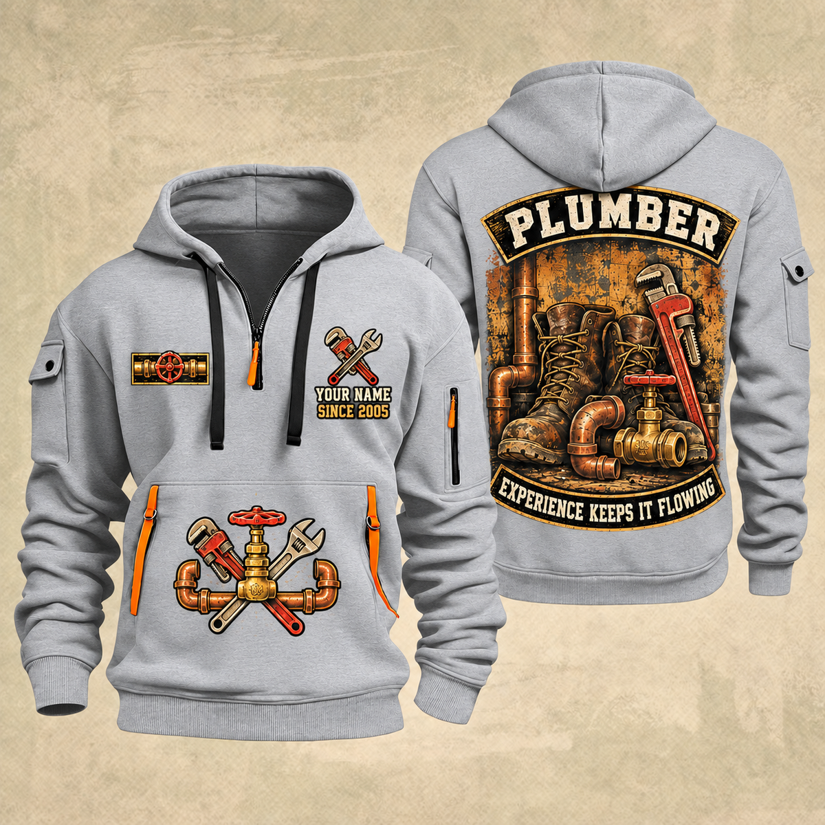 Plumber Flow Heritage quarter-zip hoodie in Light Grey, front and back, YOUR NAME and SINCE 2005 artwork