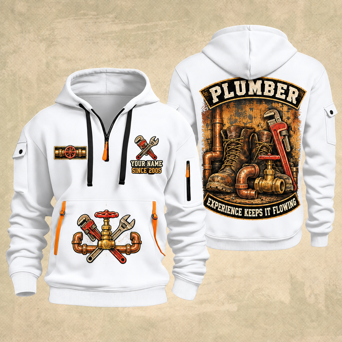 Plumber Flow Heritage quarter-zip hoodie in White, front and back, YOUR NAME and SINCE 2005 artwork