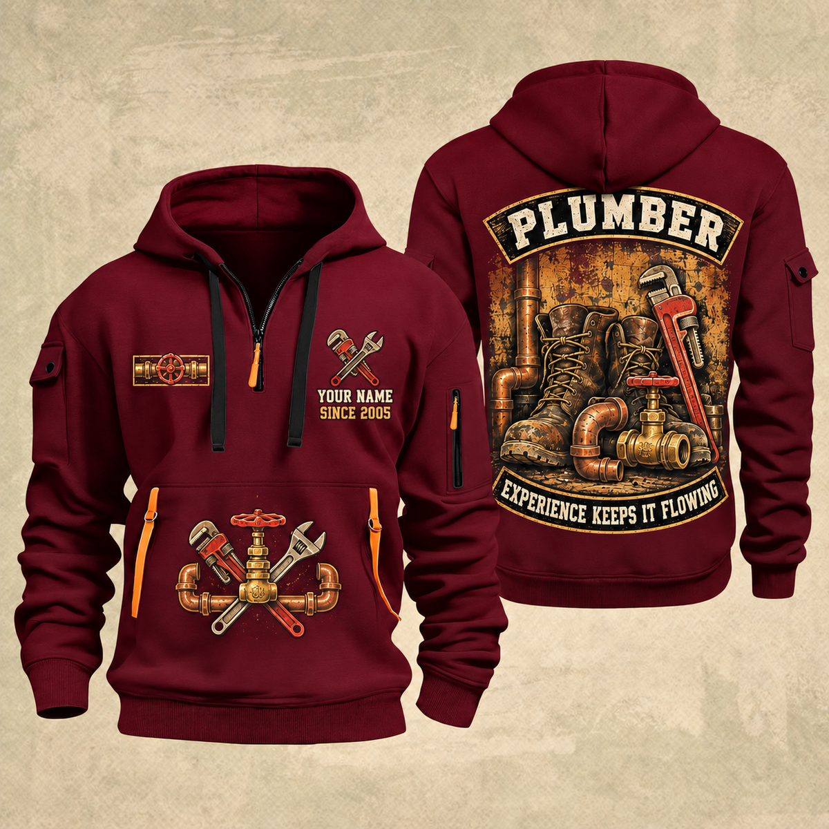 Plumber Flow Heritage quarter-zip hoodie in Wine Red, front and back, YOUR NAME and SINCE 2005 artwork