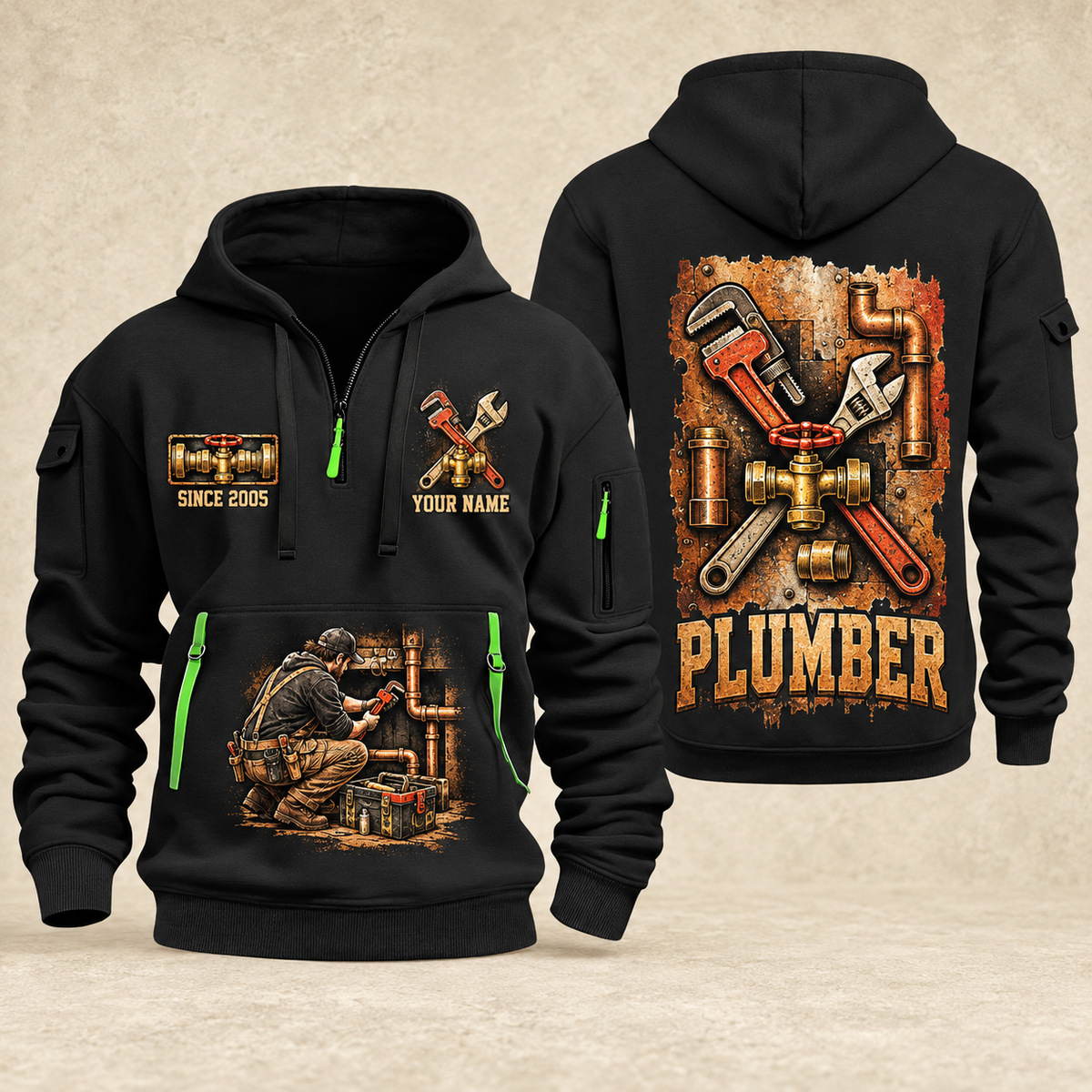 Plumber Built To Flow quarter-zip hoodie in Black, front and back, YOUR NAME and SINCE 2005 artwork