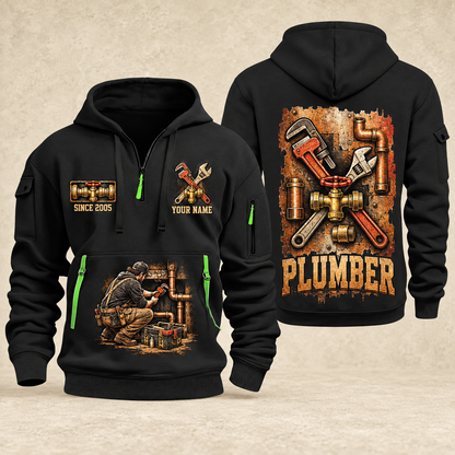 Plumber Built To Flow quarter-zip hoodie in Black, front and back, YOUR NAME and SINCE 2005 artwork