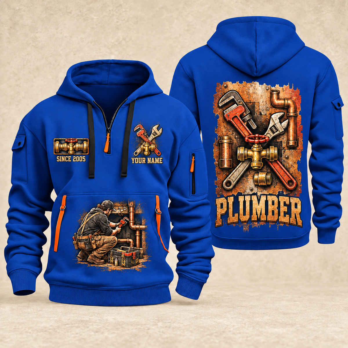 Plumber Built To Flow quarter-zip hoodie in Blue, front and back, YOUR NAME and SINCE 2005 artwork