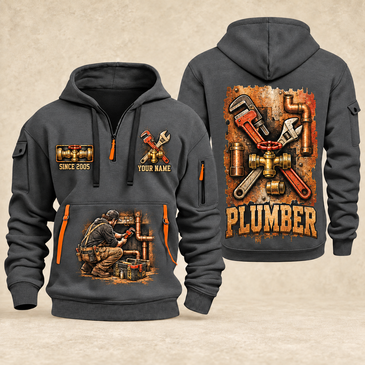 Plumber Built To Flow quarter-zip hoodie in Gray, front and back, YOUR NAME and SINCE 2005 artwork