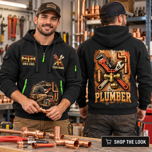 Plumber wearing Built To Flow quarter-zip hoodie in their workplace; product introduction and shopping call to action