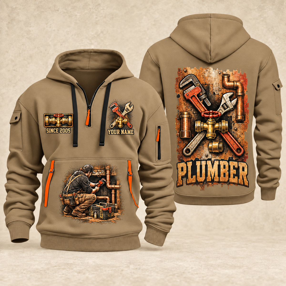 Plumber Built To Flow quarter-zip hoodie in Khaki, front and back, YOUR NAME and SINCE 2005 artwork