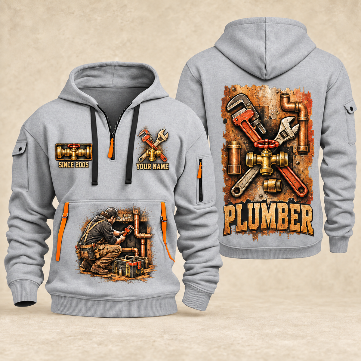 Plumber Built To Flow quarter-zip hoodie in Light Grey, front and back, YOUR NAME and SINCE 2005 artwork