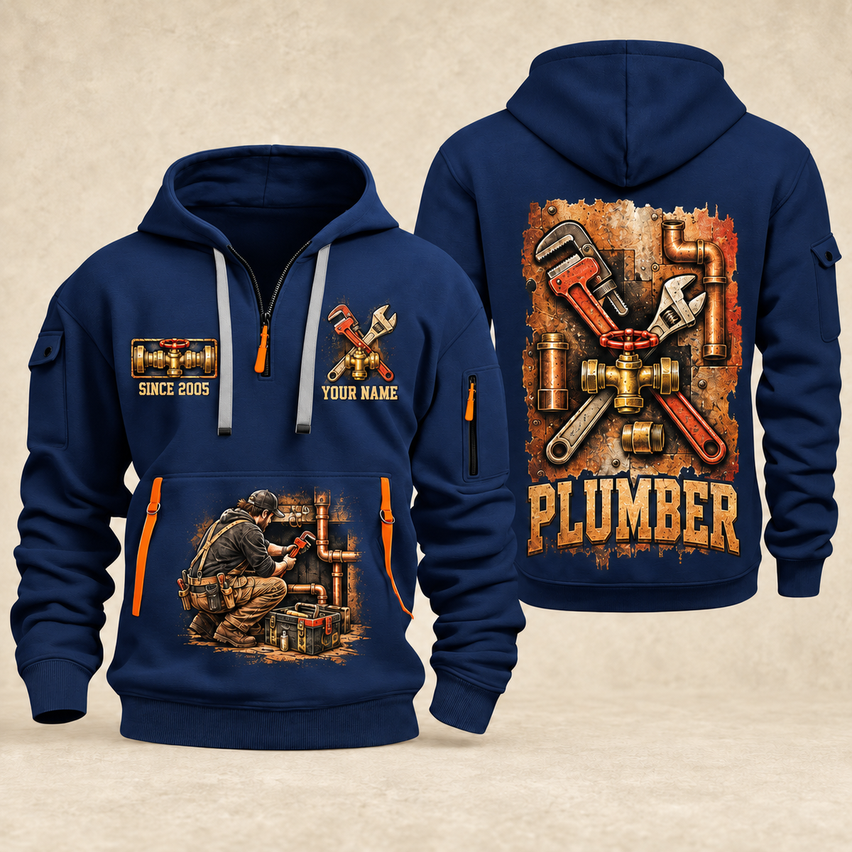 Plumber Built To Flow quarter-zip hoodie in Navy, front and back, YOUR NAME and SINCE 2005 artwork