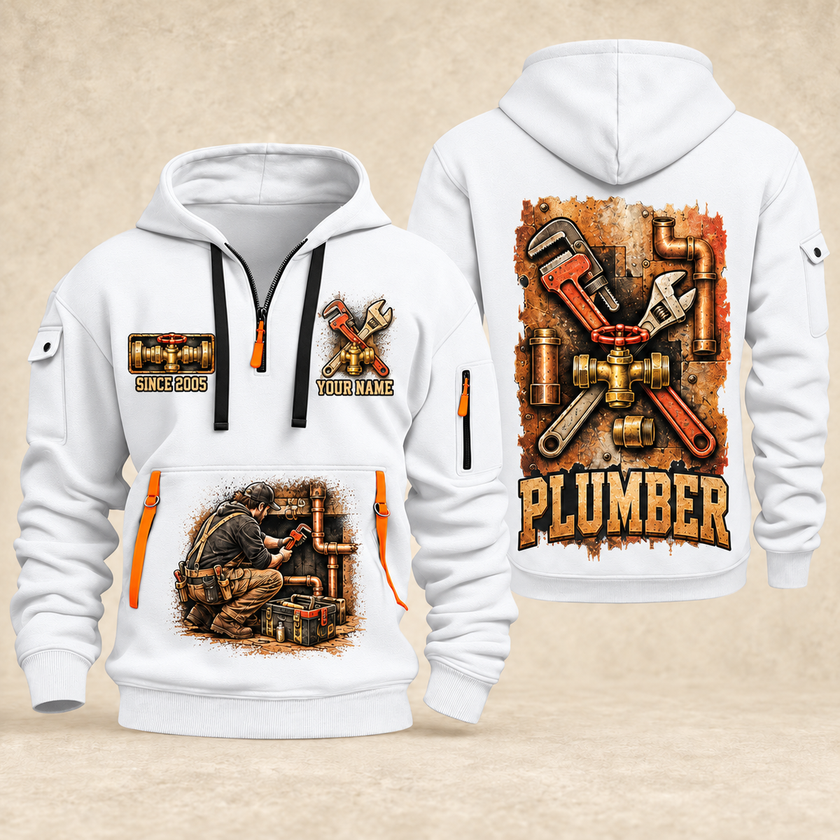 Plumber Built To Flow quarter-zip hoodie in White, front and back, YOUR NAME and SINCE 2005 artwork
