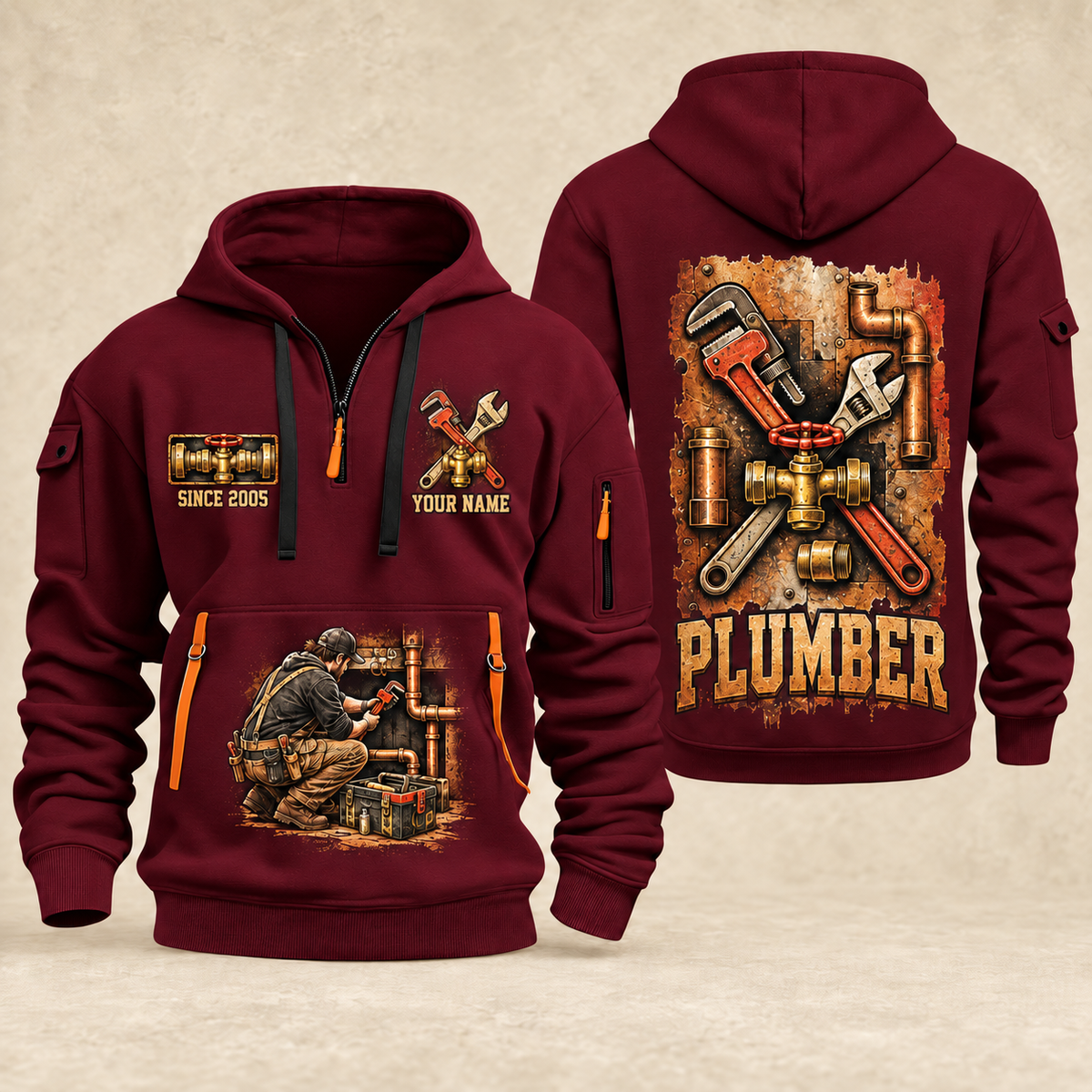Plumber Built To Flow quarter-zip hoodie in Wine Red, front and back, YOUR NAME and SINCE 2005 artwork