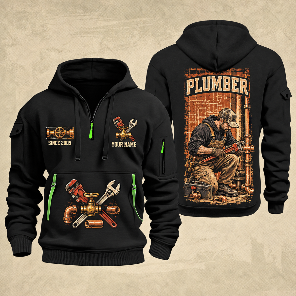 Plumber Behind Every Connection quarter-zip hoodie in Black, front and back, YOUR NAME and SINCE 2005 artwork