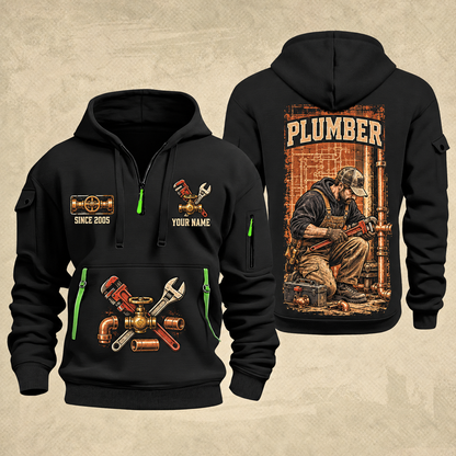 Plumber Behind Every Connection quarter-zip hoodie in Black, front and back, YOUR NAME and SINCE 2005 artwork