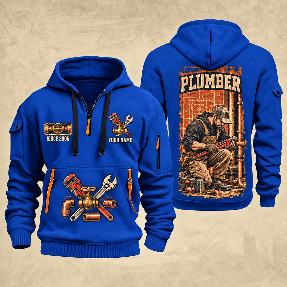 Plumber Behind Every Connection quarter-zip hoodie in Blue, front and back, YOUR NAME and SINCE 2005 artwork